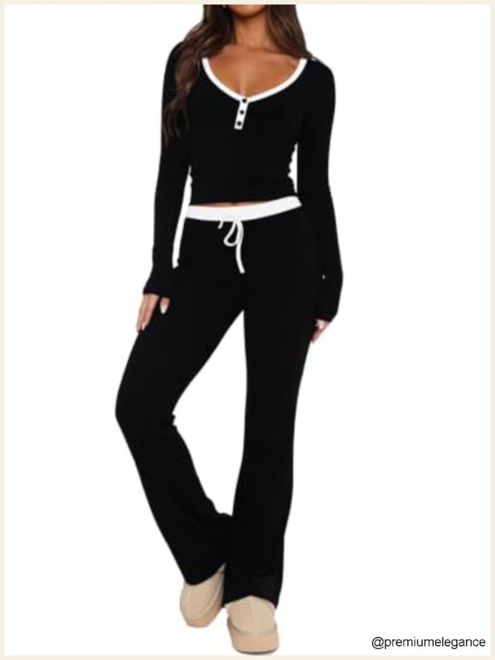 Women's Lounge Set: Long Sleeve Crop Top & Pants Pajama Set